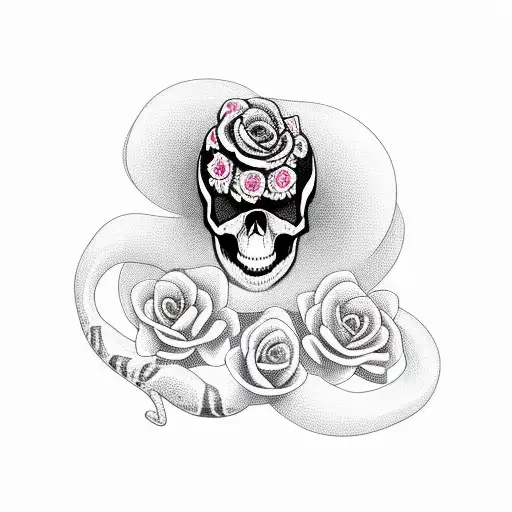 Snake Wrapped Around A Skull With Flowers In The Background