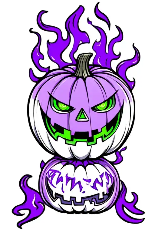 Pumpkin With Bright Green Eyes And Purple Flames Symbolizing