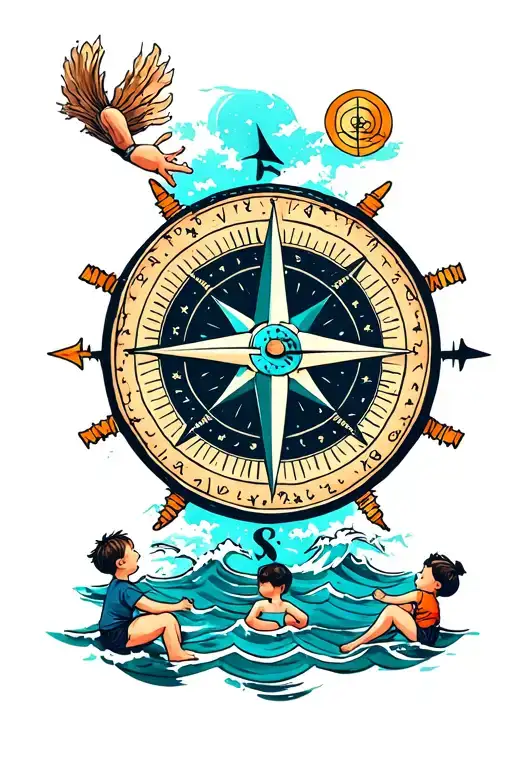 Compass Rose With Ocean Background And Kids Playing