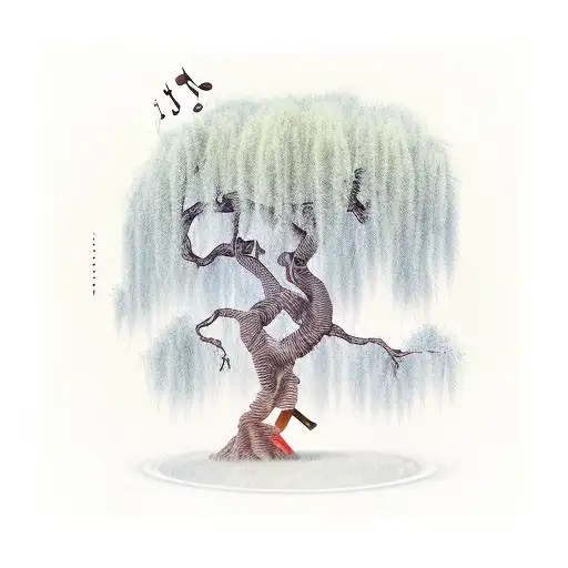 An Ancient Willow Tree With Musical Notes As Leaves
