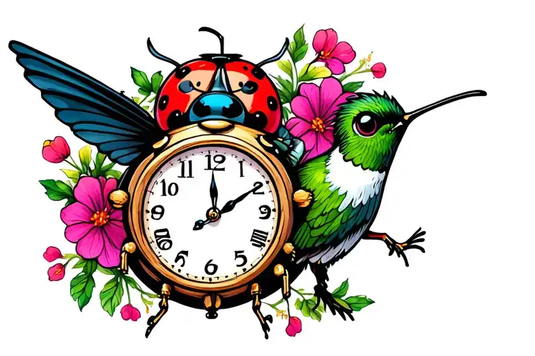 Hummingbird Lady Bug And Clock