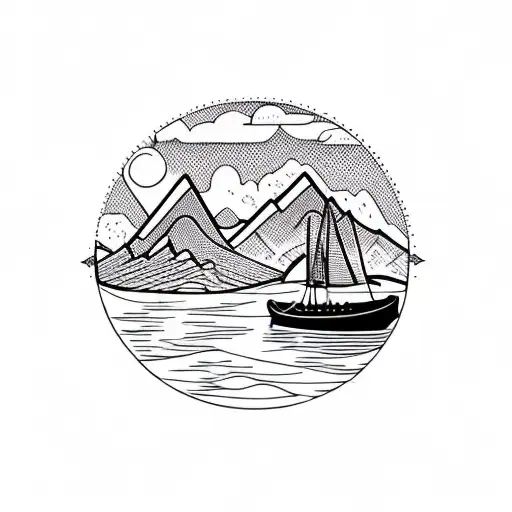 Circle With Mountains And A River Into A Lake And A Sailboat On The Lake