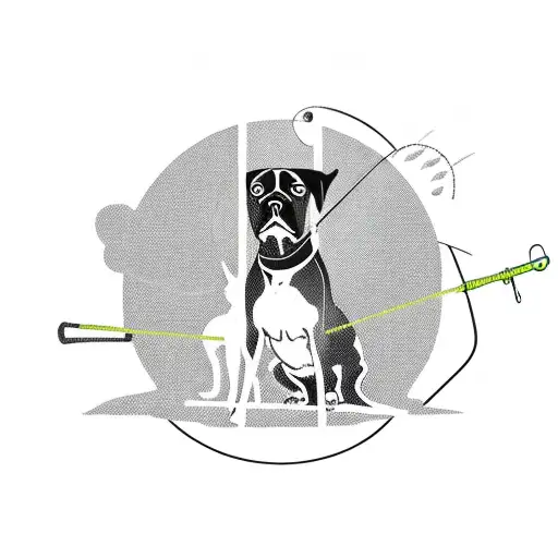 A Fishing Rod And Shotgun Crossed Over A Silhouette Of A Dog Against A Backdrop Of Tall Trees