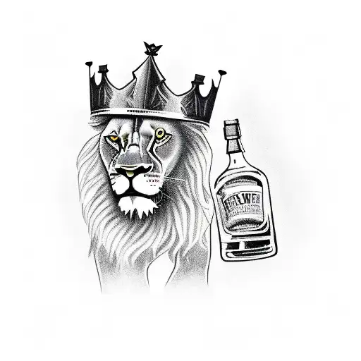 Lion With Bottle Of Whiskey In Mouth Wearing A Crown