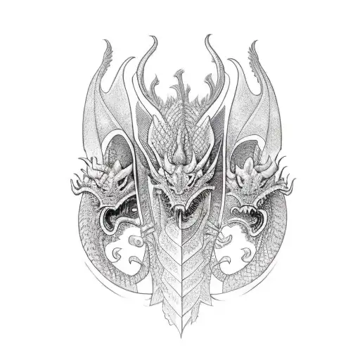 Three Headed Dragon With Heads Going Different Ways Tattooed On Thigh With Tail Wrapping Around