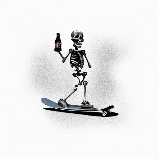 Skeleton Rides On A Skateboard Holding A Bottle Of Beer In His Hand