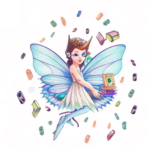 A Whimsical Fairy Holding A Quill Pen And Surrounded By Floating Books