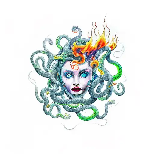 Medusa Aquarela With Snakes In Flames