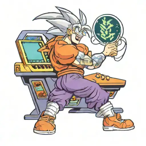 A New-school Design Featuring A Dragon Ball Z Character Playing A Retro Arcade Game