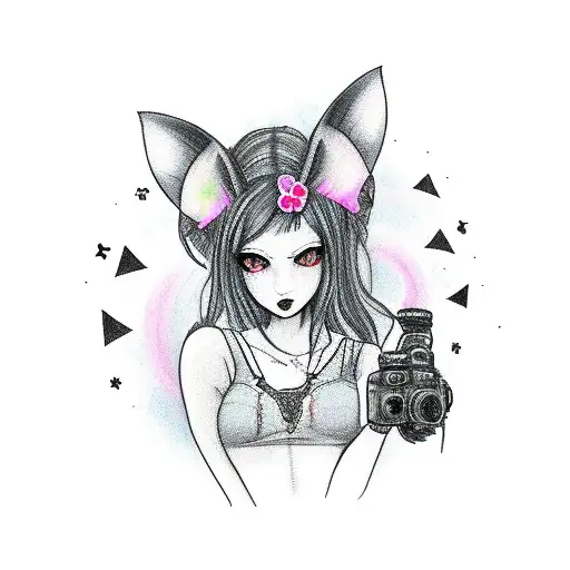 Gothic Girl With Fox Ears Holding A Dslr Camera