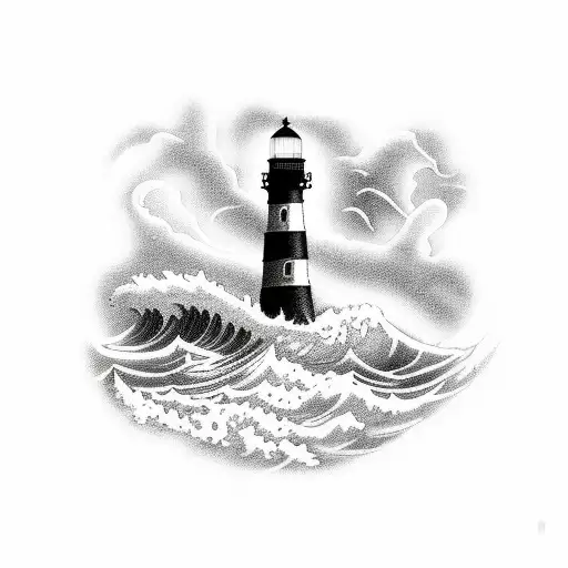 A Blackwork Tattoo Of A Lighthouse On A Stormy Sea With Crashing Waves And Dark Clouds Overhead