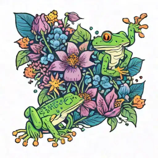 A Colorful New-school Design Featuring A Field Of Vibrant Flowers With Hidden Tree Frogs