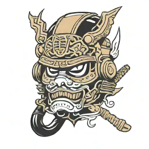 Incorporate A Traditional Japanese Mask And A Military Helmet In A New-school Style