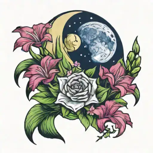 Moon Surrounded With Peridot Crystals And Gladiolus Flowers
