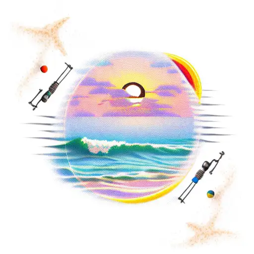 A New-school Style Tattoo Of A Sunset Over A Beach With Surf Fishing Poles In The Sand