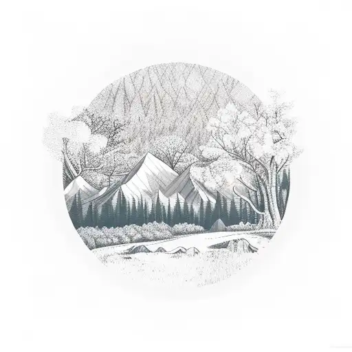 Landscape With Forest And Mountains And Sky With Spacial Rings