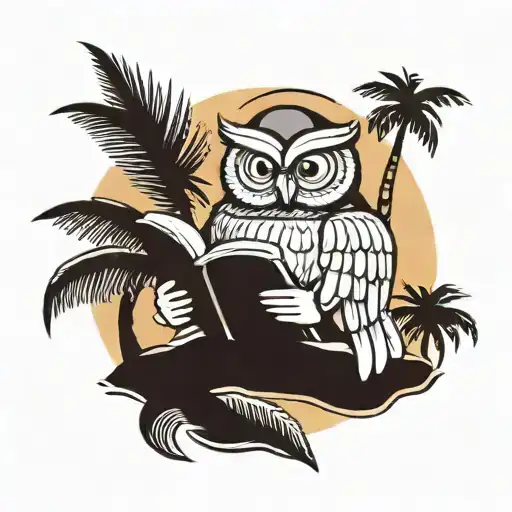 A New-school Style Owl Reading A Book Under A Palm Tree On The Beach