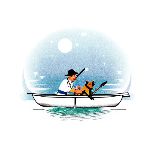 Man And Pet Dog On Canoe Boat