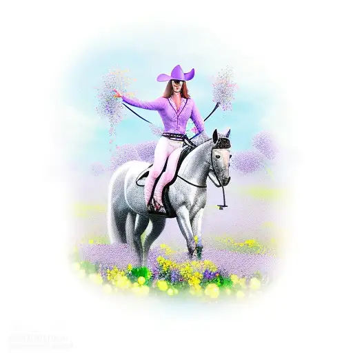 Cat Riding A Horse Through A Field Of Violet Flowers