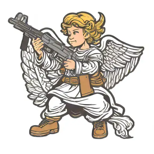 Minimalism Christian Angel With Ak 47 Rifle In Hands