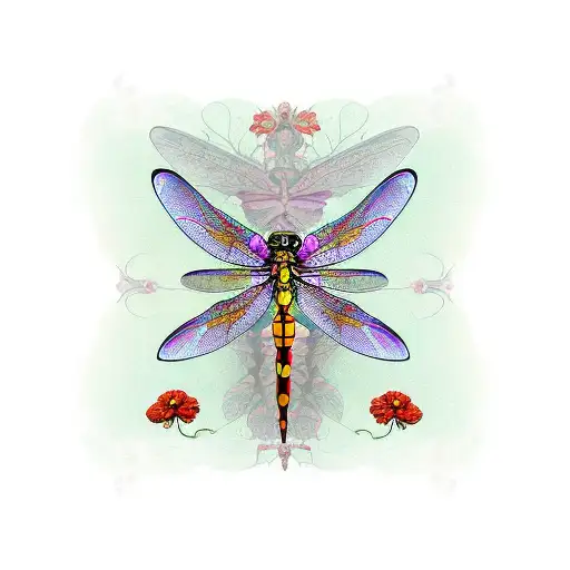 Art Nouveau Framed Dragonfly With Poppies