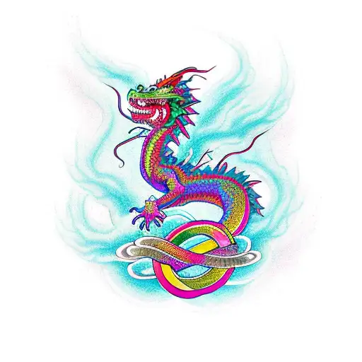 A Colorful New-school Design Of A Dragon Intertwined With Celtic Knots And Vegetation