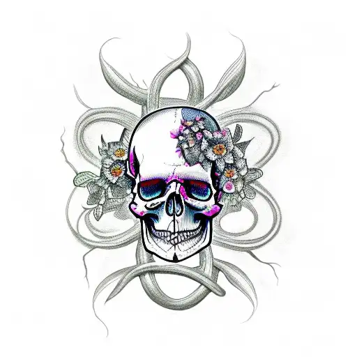 Half Skull Half Butterfly Intertwined With Flowers And Vines And A Sword Through The Middle