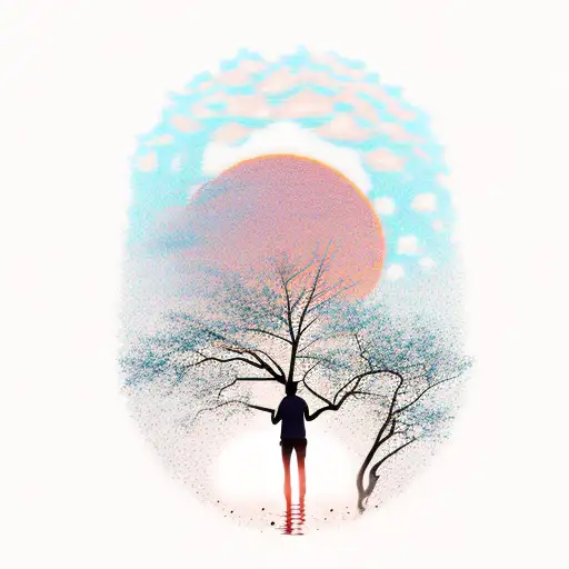 Sunset With Silhouette Of Trees And A Silhouette Of A Person Walking Towards The Sunset