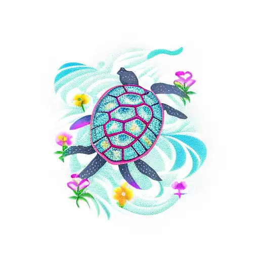 Turtle With Flowers And Waves