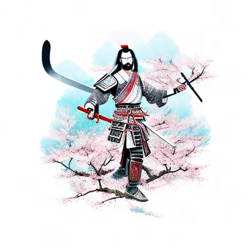 Samurai Warrior Wielding A Sword In A Cherry Blossom Forest
