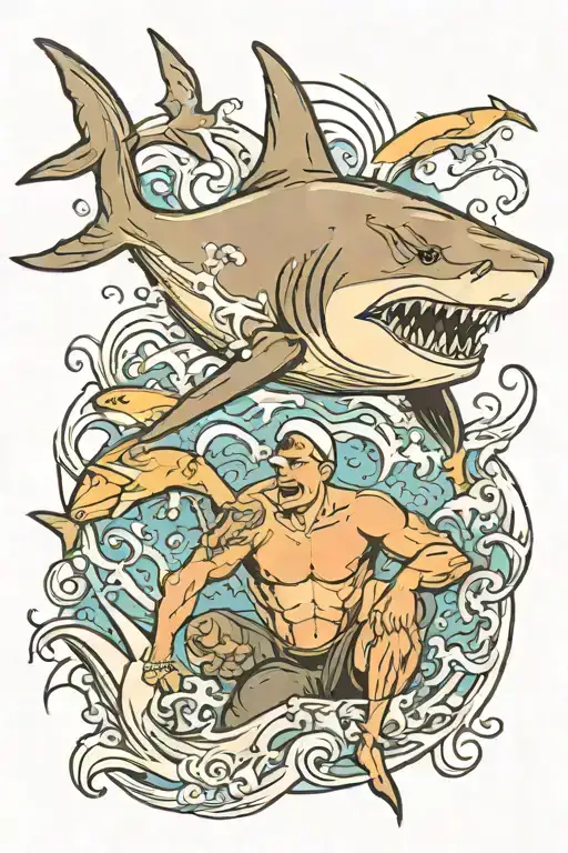 Swimmer With Shark Emerging