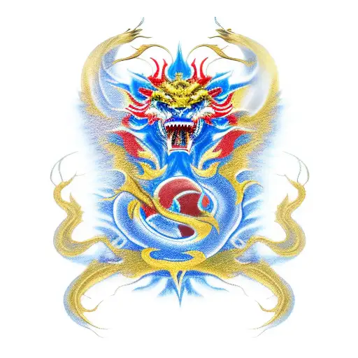 Golden Dragon Fight Blue Lion In Red Fire