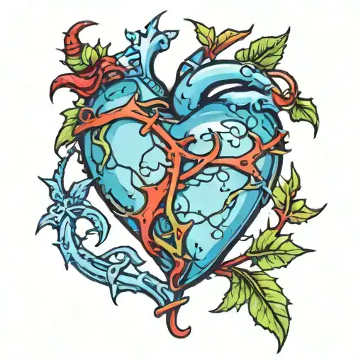 Blue Heart With Green Vine With Red Bloody Thorns Wrapped Tightly Around Heart