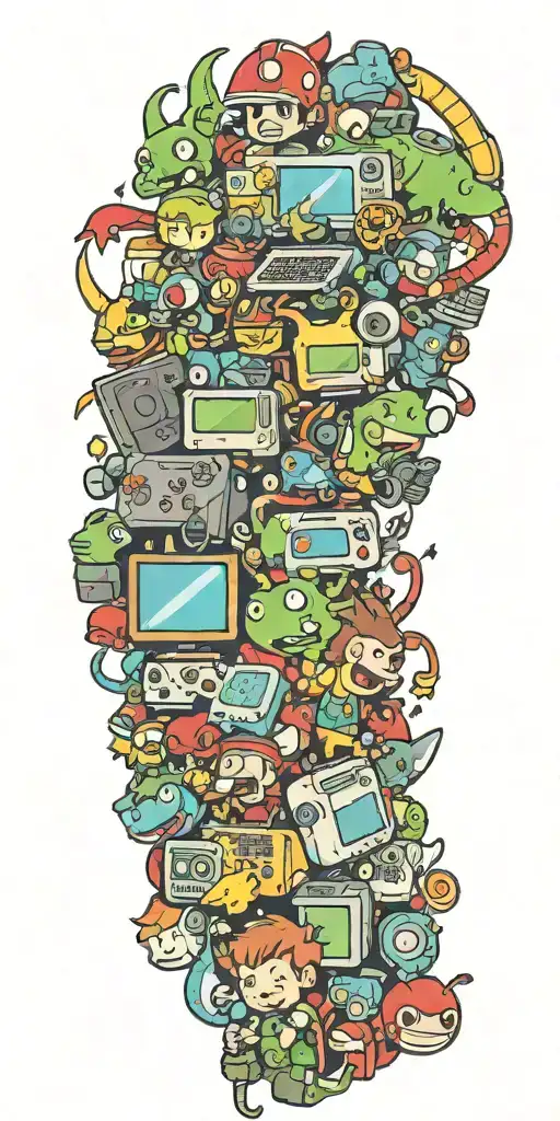 A New-school Tattoo Featuring A Mashup Of Different Video Game Characters