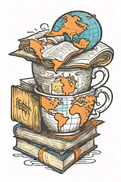 A Coffee Cup Morphing Into A Stack Of Books With A World Map In The Background