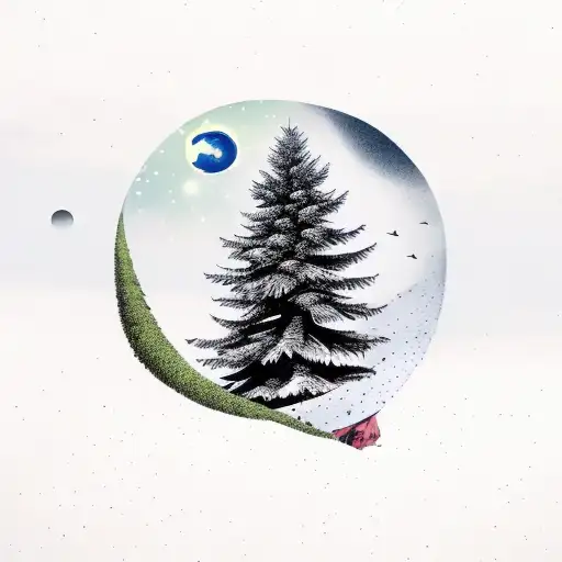 Fir Tree With Birds And Small Moon