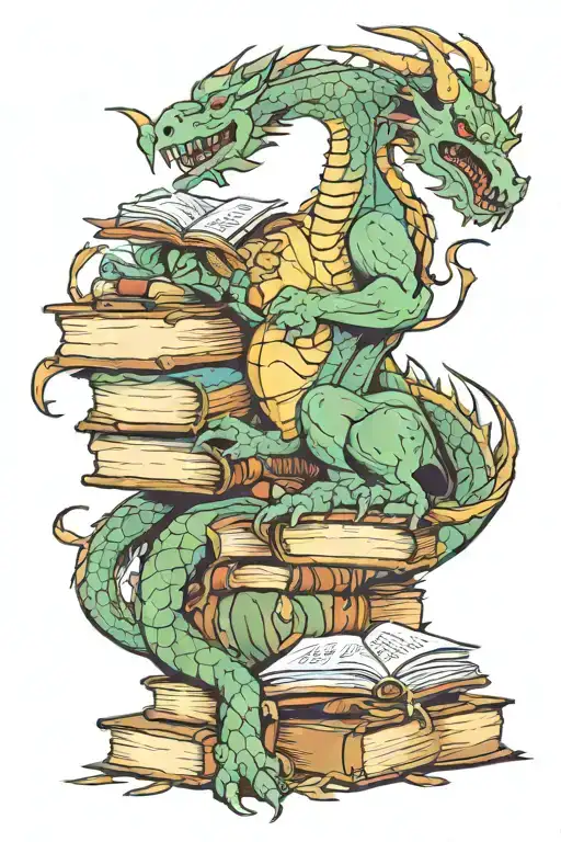 Dragon Sitting On A Hoard Of Books With An Hobbit Stealing One Book