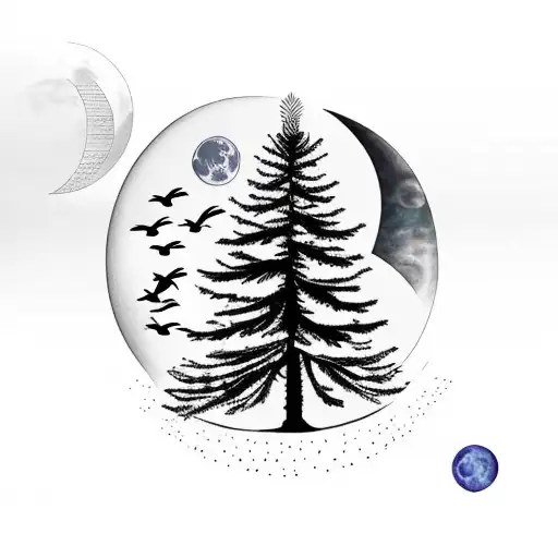 Fir Tree With Birds And Moon