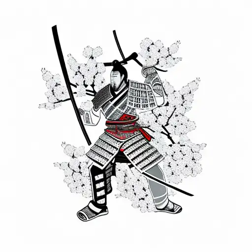 Samurai Warrior In Combat Stance Surrounded By Cherry Blossoms