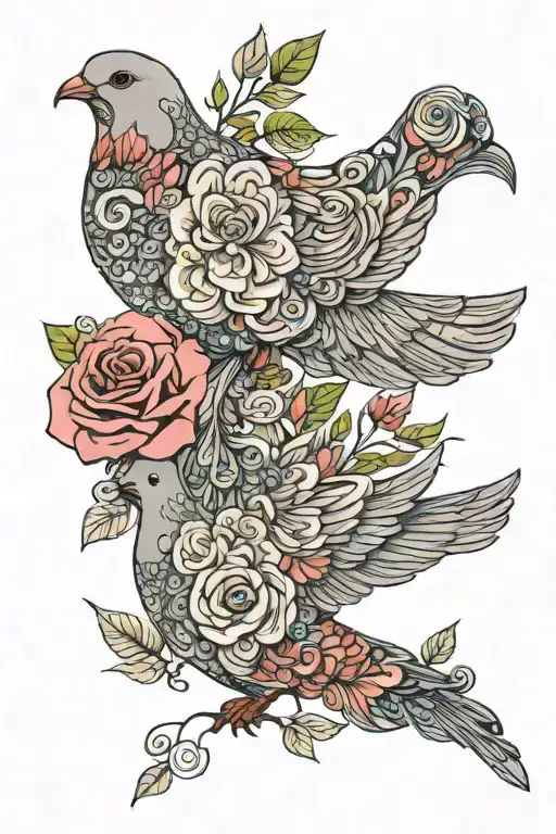 Zentangle Dove Wings Folded Perched Atop Roses
