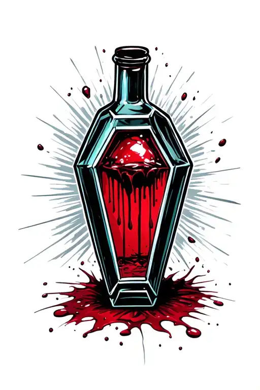 Black Glass Bottle Shaped Like A Coffin That Has Blood In It