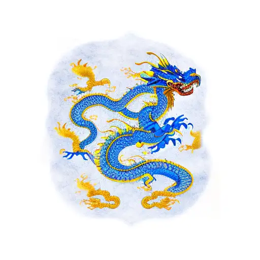 A Blue And Yellow Chinese Dragon Whose Tail Transforms Into A Sheet Music
