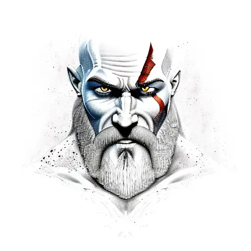 A Portrait Of Kratos With A Pixelated Background Representing His Video Game Origins