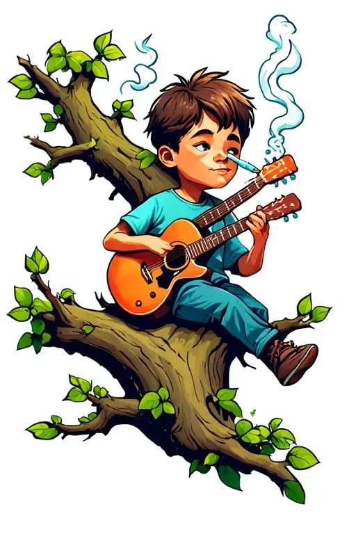 Little Boy Sitting On A Branch In A High Tree With A Smoking Joint In His Mouth Playing A Guitar