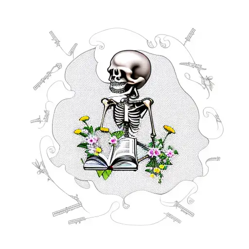 A New-school Design Featuring A Skeleton Reading A Book Surrounded By Daisies