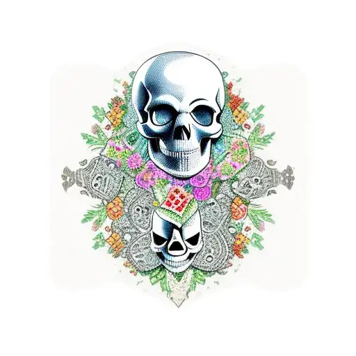 A Skull Made Out Of Game Cards Surrounded By Intricate Floral Patterns