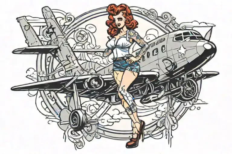 Pin Up Model With Tattoos And Airplane