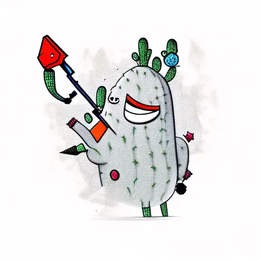 Cactus Cartoon Character With Pistol Revolver Guns