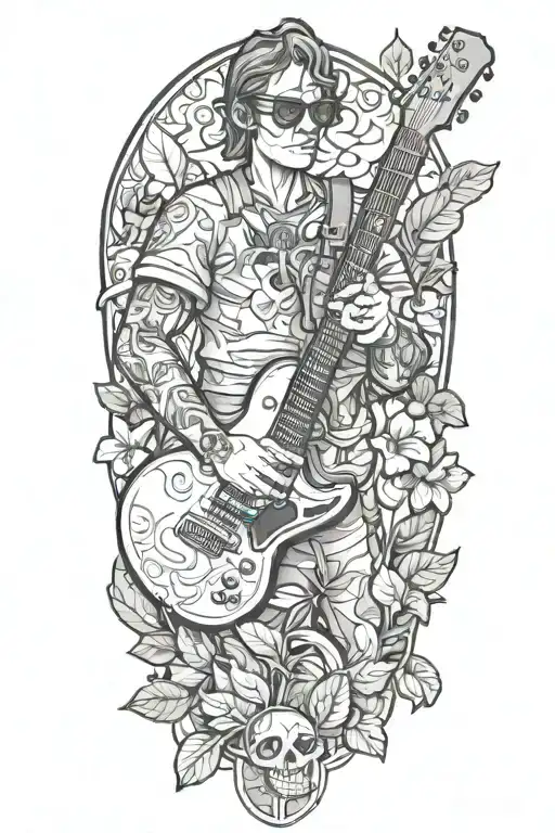 A Realistic Portrait Of A Favorite Video Game Character Playing A Guitar Surrounded By Leafs
