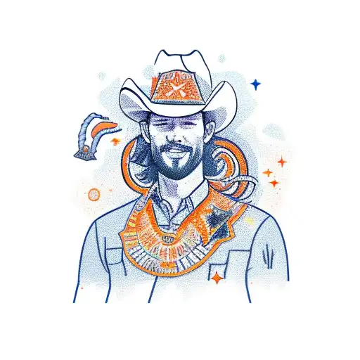 Banded Tatoo On The Arm With Red Orange Hues And A Cowboy Riding A Horse Fast In The Middle